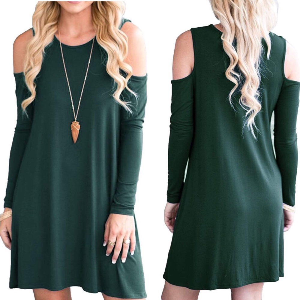 Cold Shoulder DARK GREEN Woman’s Swing Dress *NWT* - Picture 1 of 4